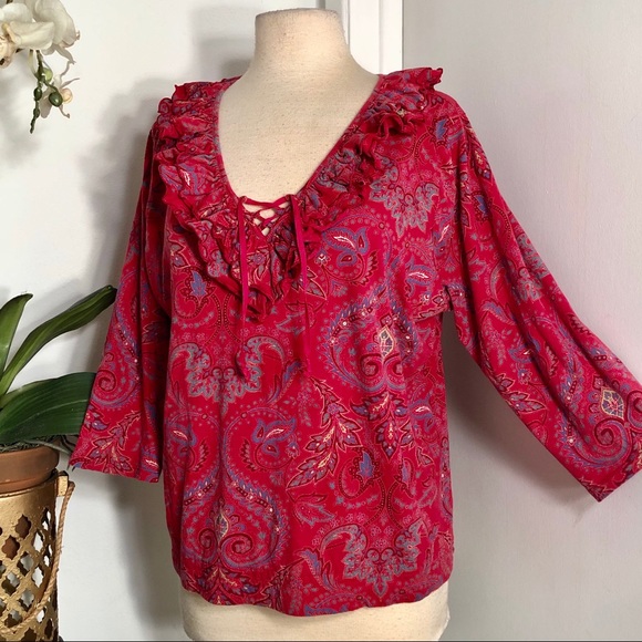 Lauren Ralph Lauren Tops - Ralph Lauren Red Paisley Boho Ruffled Knit Blouse